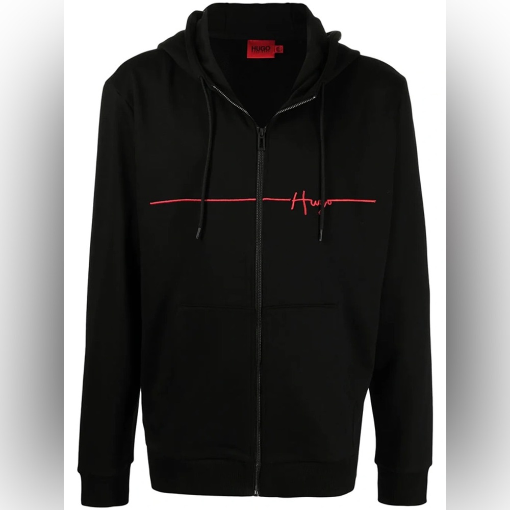 Hugo Boss Logo Black Hooded Sweatshirt•Full Zip•Streetwear•French Terry•Medium